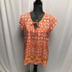 Sanctuary Blouse Womens Size Medium Orange Floral Short Sleeve Lightweight Top